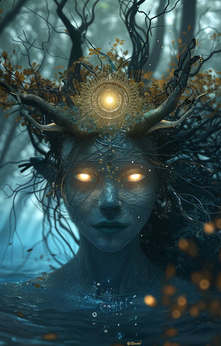 輝く黄色の目とつるのような髪を持つ青い宇宙人の女性が、頭の前で太陽のような形をした精巧な金の王冠を着用しています。彼女の額の両側には小さな黒い角が2つあり、デジタルアートスタイルで水の下に立ち、背後に木々が見えています。
