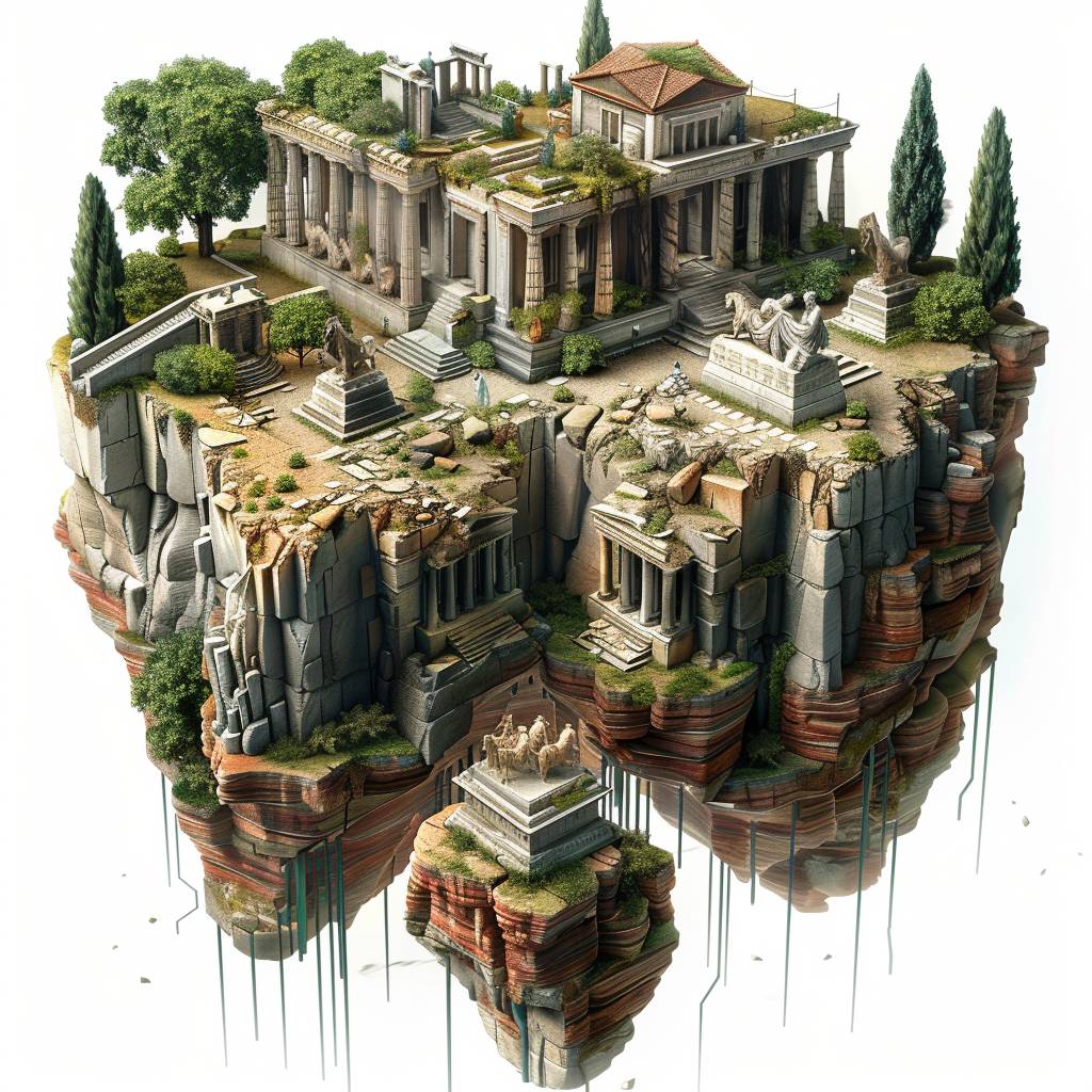 An isometric view of the landscape with ancient Greek temples, statues, and olive groves on top. A cross-section showing underground labyrinths with mythical creatures and secret chambers. Isolate on white background. Digital art, octane render --v 6.0