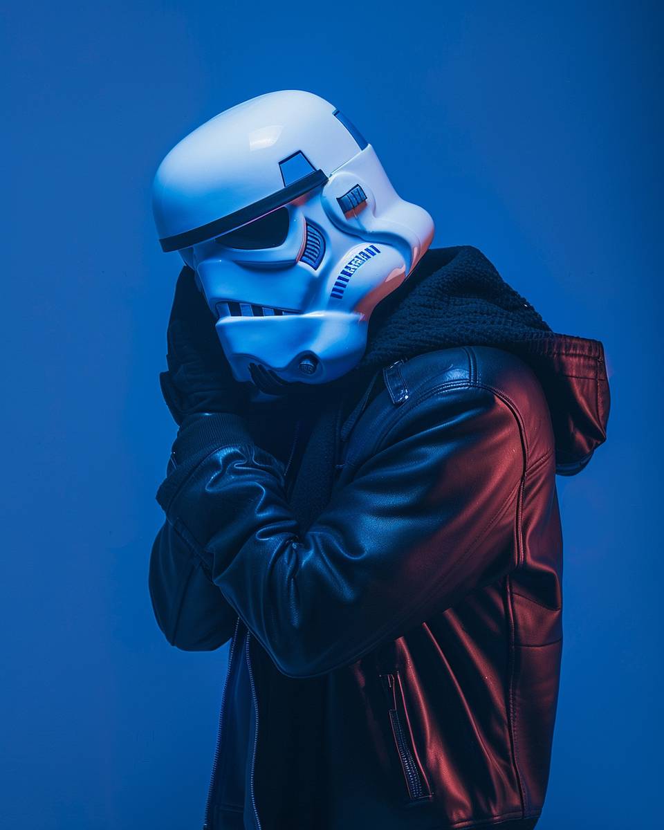 Fashion Portrait photography of a reimagined Stormtrooper from Star Wars with modern urban outfits, Medium shot, Canon EOS-1D X Mark III 4K, matte effect, blue monochrome studio background