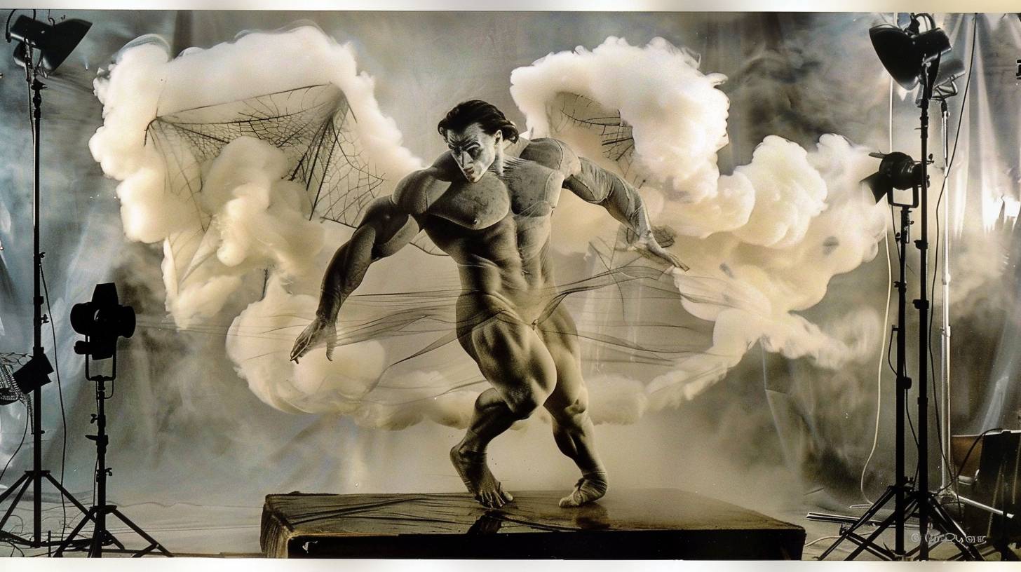 In a photo studio, a hairy, bearded, 150kg fat ballet dancer in a gargoyle costume performs a scene from Swan Lake. The dancer strikes a graceful pose, with dramatic studio lighting highlighting the scene. The background features typical photo studio elements like softboxes and backdrops. In the style of Helmut Newton, this piece includes surrealistic white cotton candy clouds and a close-up pinkish Shiba Inu balloon. This psychedelic art is from the collection of Tony Robert, in the style of Shiny Eyes, Patrick Woodroffe, Philippe Caza, psychedelic artwork, digital airbrushing, detailed facial features, vibrant color gradients, schizowave, and sakuga animation cel.