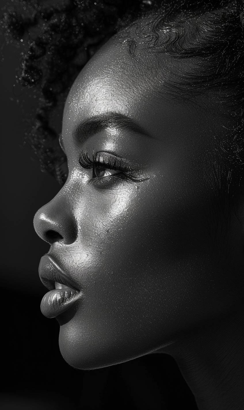 A black and white photo of a woman with shadow, done in a minimalist beauty style, with light bronze and bronze tones, serene faces, sharp edges, in karencore style, high definition, contrast shading, and a touch of realism.
