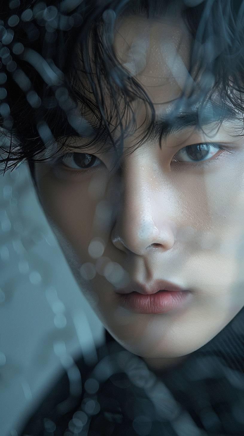 Realistic photo, Close-Up Shot, Korean actor Cha Eunwoo, 28 years old, Homme Fatale, male model, looking in the direction of the camera, in the style of gongbi, dreamy and romantic, exaggerated facial features, light black and light amber, aurorapunk.