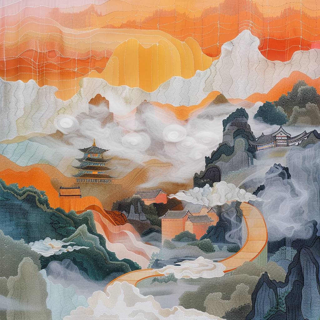 Cotton clouds overlap, minimalism, fiber fabric installation, a painting of a Chinese village in the mountains, in the style of layered mesh, ethereal illustrations, religious building, multi-layered color fields, white and orange, Angura kei, conceptual digital art --v 6.0