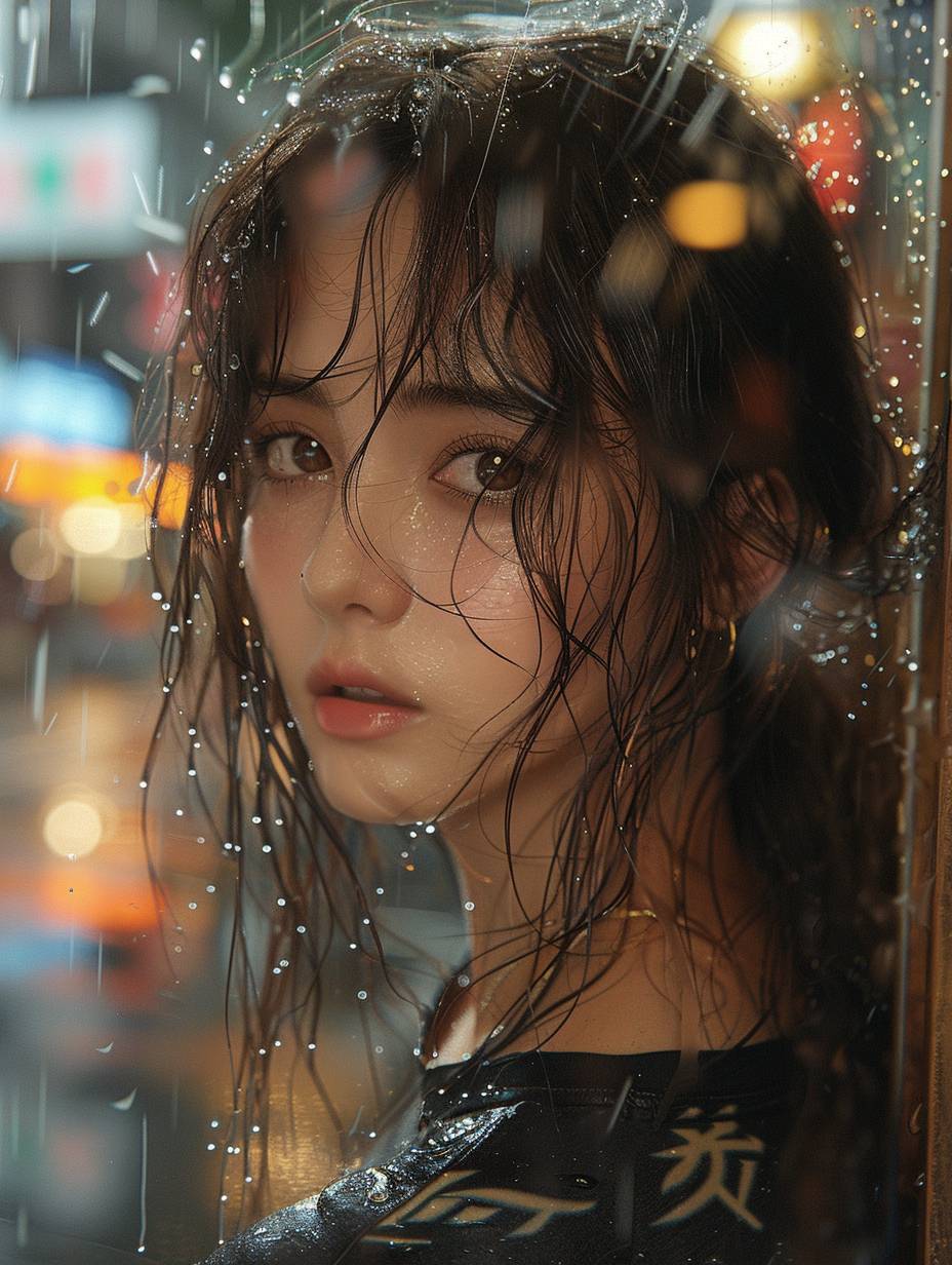 台湾出身の美しい20歳の女の子が、黒いTシャツを着て台北の雨の降る街を歩いている様子、リアルで詳細な