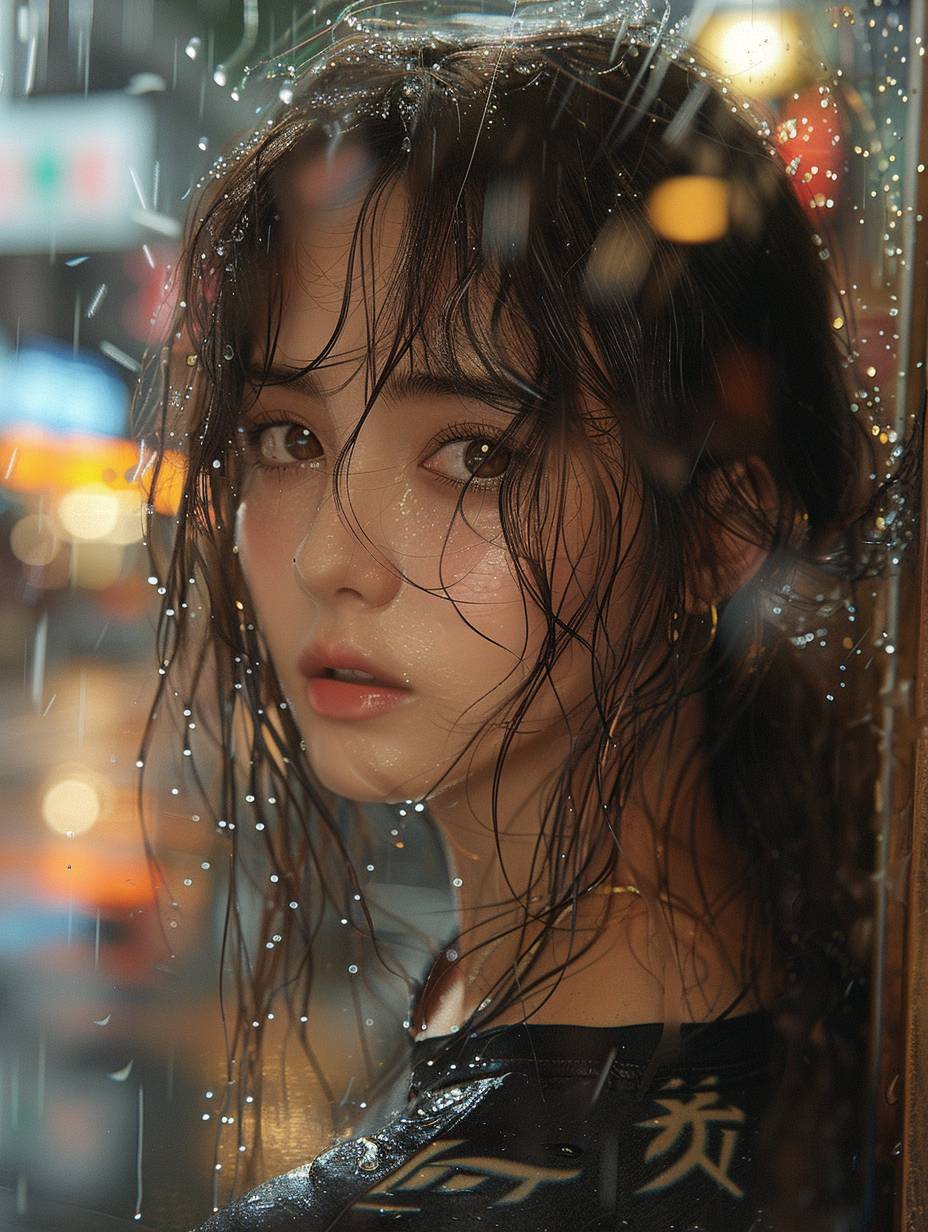 A 20-year-old beautiful Taiwanese girl, wearing a black T-shirt, walking on the rainy streets of Taipei, rich details, realistic