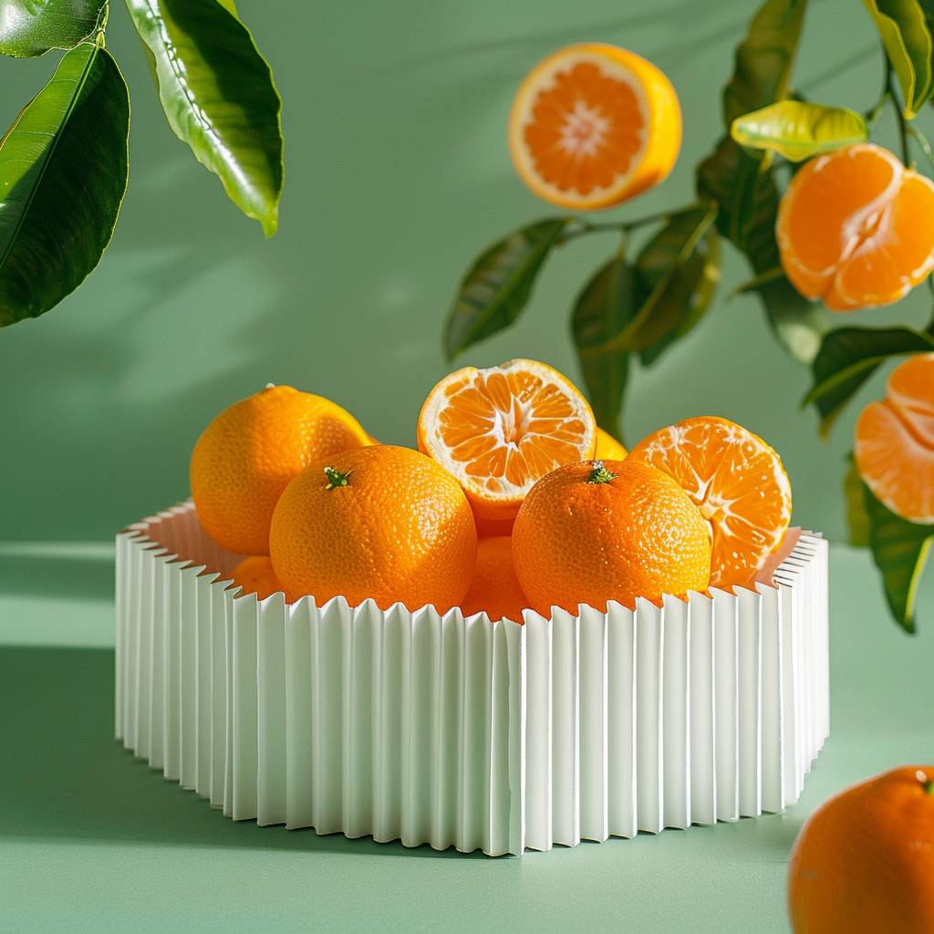 Octagonal white cardboard gridbox for oranges. Octagonal slots, corrugated cardboard walls. Mockup on table