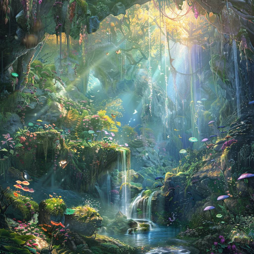 Explore the 'Enchanted Enclave' with [SUBJECT], a hidden sanctuary where [COLOR1] flora and [COLOR2] fauna coexist in perfect harmony, creating a magical realm untouched by time --v 6.0