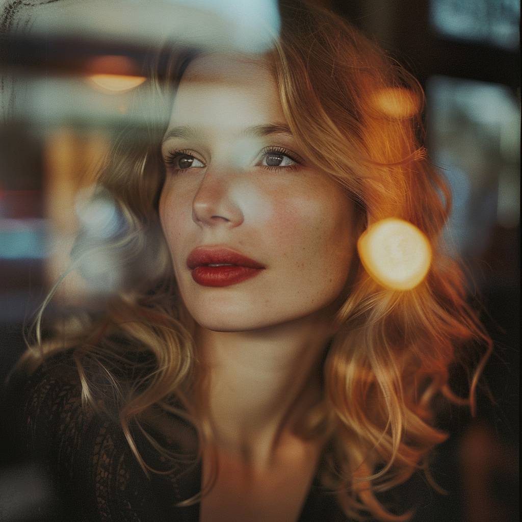 A beautiful French woman with wavy blonde hair, soft pink lips, and a serene expression, in a photo taken through glass with bokeh and reflections, blurry, dreamy, warm lighting, romantic, soft focus, depth of field, close up portrait, shot on film, light leaks, cinematic, film grain, 35mm lens, cinematic lighting