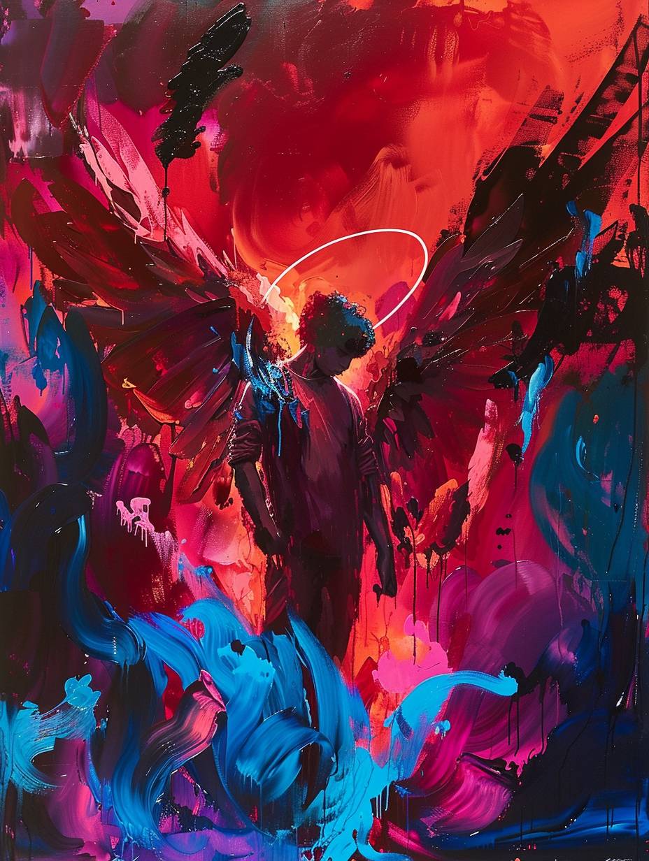 The painting features an angel surrounded by a halo and enveloped in flaming red and blue energy, in the style of Martin Ansin, Ismail Inceoglu, neoclassical sculptures, album covers, Criterion Collection, and baroque-influenced drama, glitch aesthetic.
