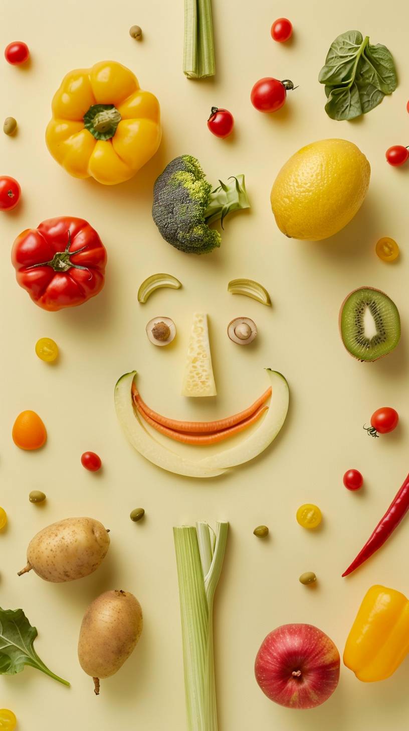 Knolling that creates a smiley face of fruit and vegetables, minimalist, pale yellow background