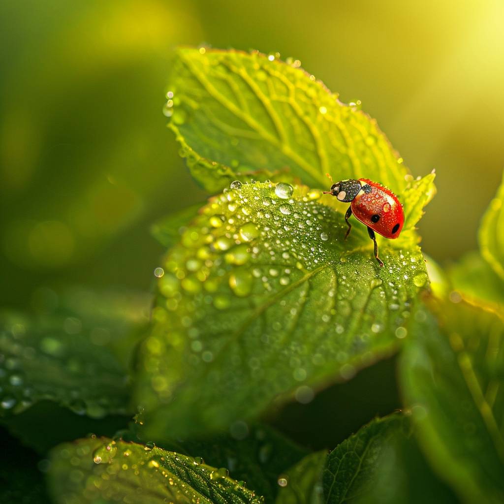 Ladybug, morning dew on leaves, macro, sharp focus, sunlight, droplets, vibrant green, texture, freshness, detailed, natural patterns, zoomed-in, crisp clarity