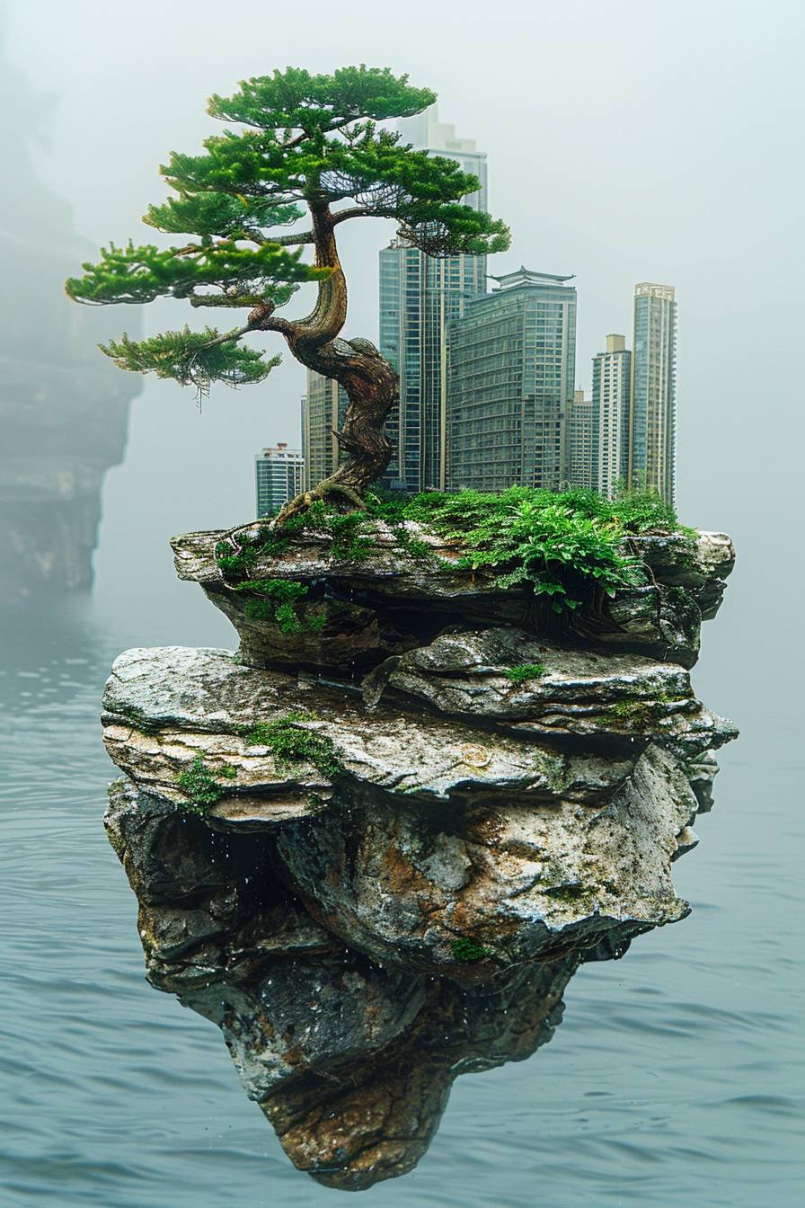 Shifting photography, overlooking, a Japanese bonsai, the center of the bonsai is a rock composed of the city's high buildings, surrounded by boundless sea water. The background is the boundless sea water. Shifting photography. Highly detailed.