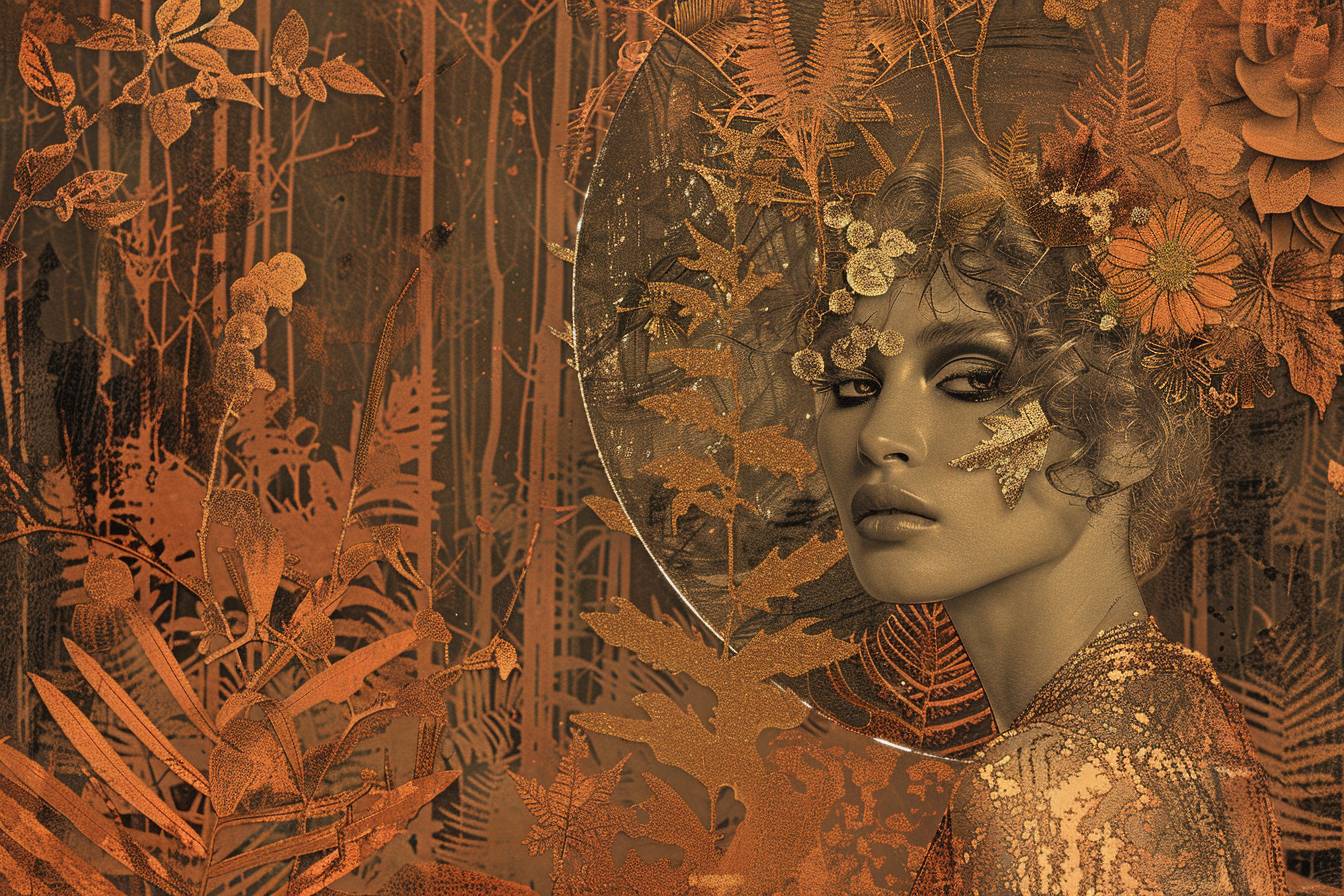 魅力的な女性が金箔で飾られた幻想的な森の中にいます