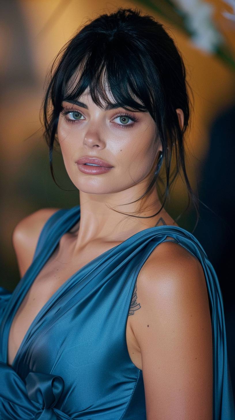 A woman in a blue dress posing for the camera, wearing a cloth blue dress, female Camila Mendes, Margot Robbie face, short black hair with bangs, sky-blue dress, Margot Robbie as a Greek goddess, blue dress, Alita Battle Angel, wearing a blue dress, long dark hair with bangs, navy blue carpet, center-parted curtain bangs, low-cut dress, photo