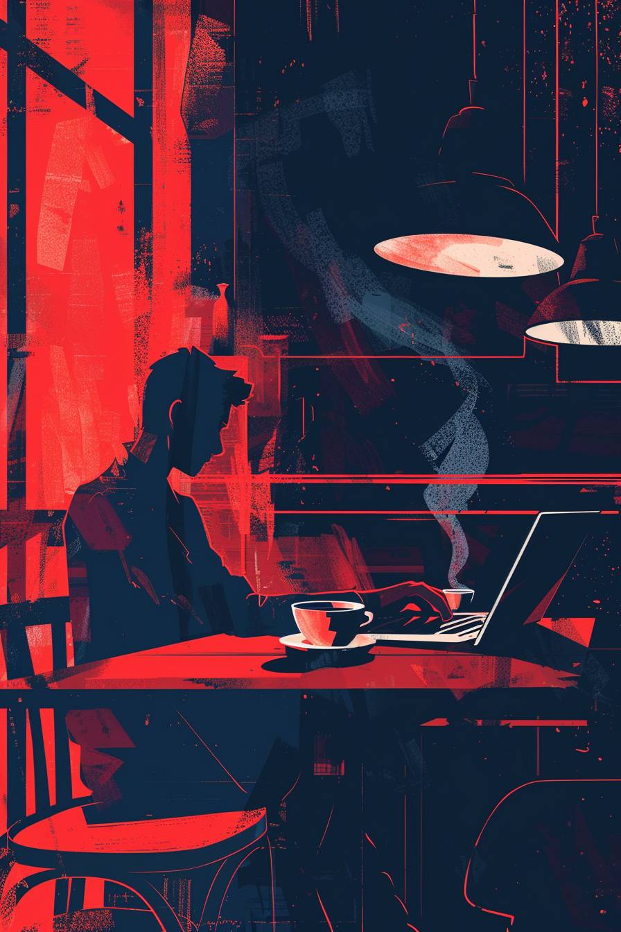 A young man sits in a minimalist cafe, focused on his laptop. The setting is depicted in a super simplified flat vector art style, using a dark navy and red color palette. The scene features bold black lines and flat color areas, creating a clean and modern look. A cup of coffee with steam rising beside the laptop adds a touch of warmth to the scene. Use bold, clean black lines to outline the main elements. The colors should be flat, with no gradients or textures, focusing on dark navy and red. The design should be highly simplified, reducing details to essential forms. The steam from the coffee can be represented with simple, curving lines.