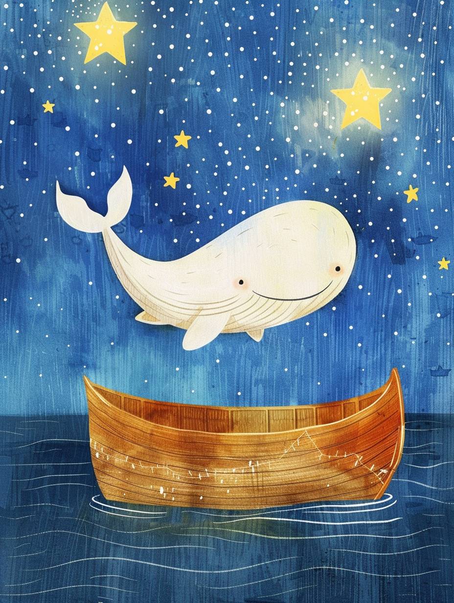 A small wooden boat floats in the starry sky, and a cute little white whale flies above the boat. The picture has a children's drawing style, simple lines, and crayon texture. It has a blue background with stars twinkling around it, creating an atmosphere of mystery and magic. The boat is painted brown, adding warmth to its appearance. A yellow light shines on one side of the bottom edge of the canoe, creating soft shadows that highlight details. This scene creates a dreamy feeling, making people feel like they have a script, which adds a sense of fantasy to the overall picture.