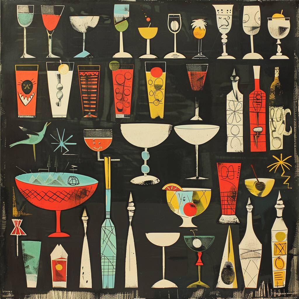 Full-page from Scandinavian bar menu illustrated by Pablo Picasso. List of cocktails with ingredients details and prices.
