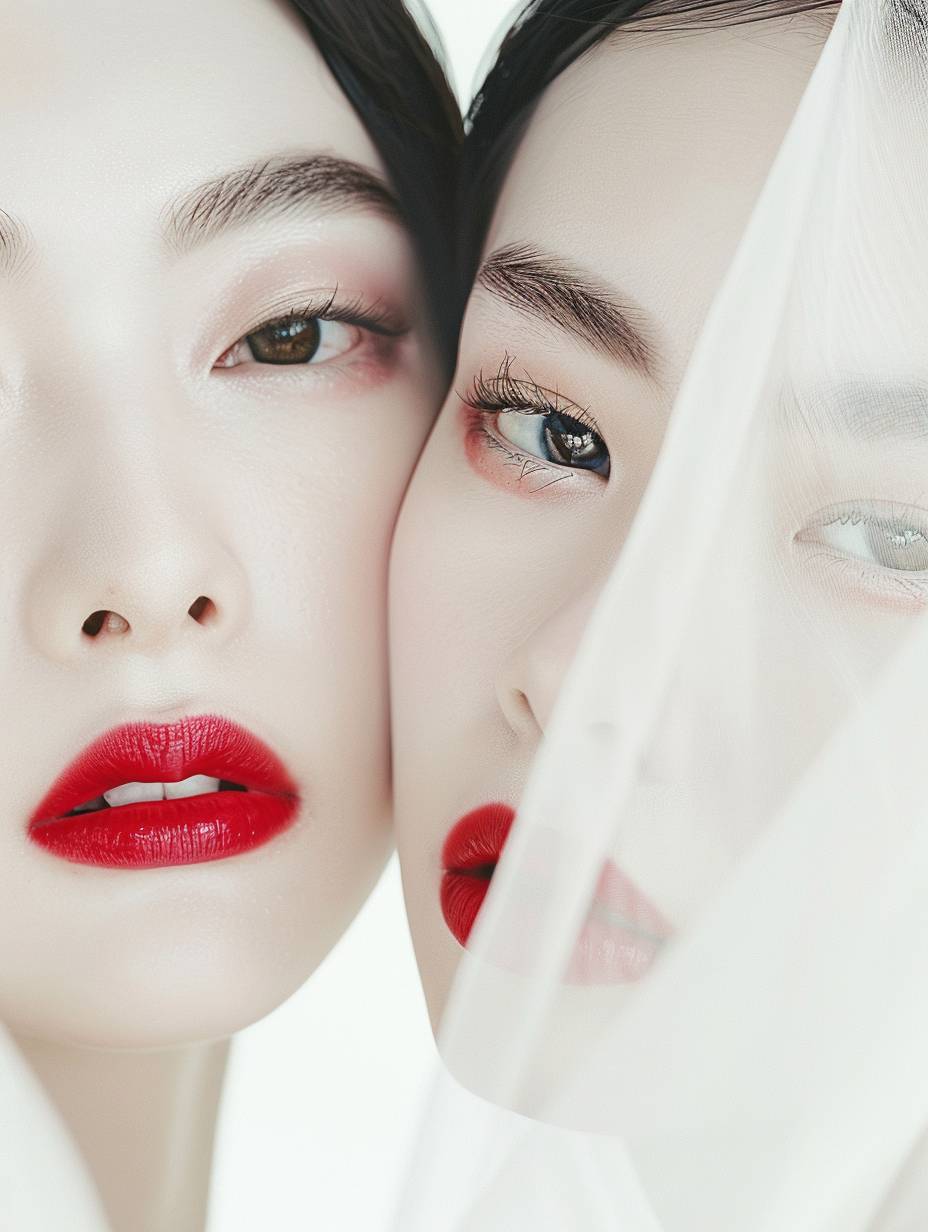 Elegant Shanghai twin women, beautiful eyes, long eyelashes, red lips, random shots, smooth lines, pure white background, minimalist, ethereal Zen, high definition.