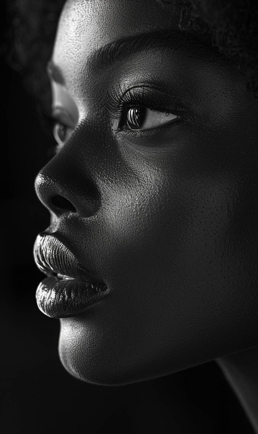 A black and white photo of a woman with shadow, done in a minimalist beauty style, with light bronze and bronze tones, serene faces, sharp edges, in karencore style, high definition, contrast shading, and a touch of realism.