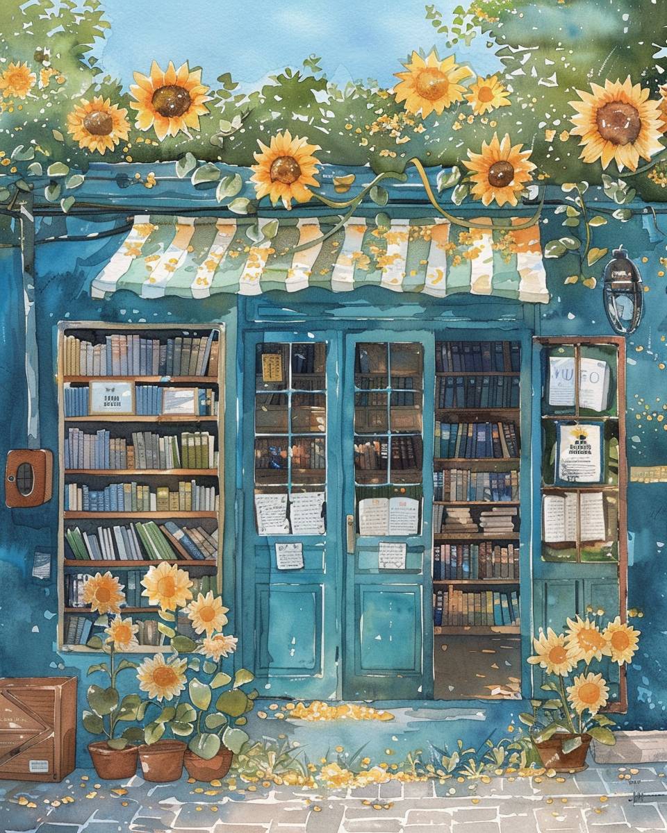 A watercolor painting of a pastel blue bookstore decorated with sunflowers, a flower-filled roof, and a green roof gives a bright and warm feeling