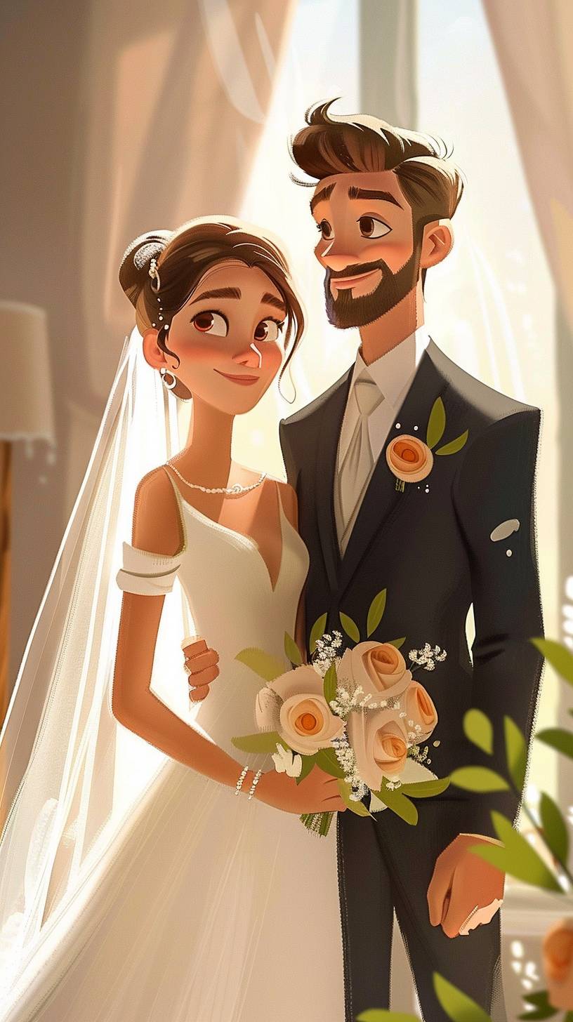 Pixar and cartoon style, a young couple in wedding attire