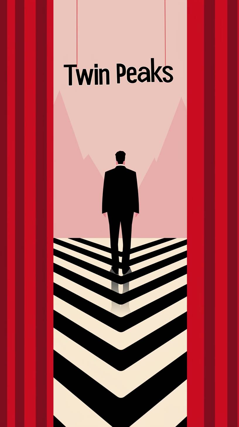 Minimalist movie poster for David Lynch's 'Twin Peaks', featuring a man in a black suit standing on a chevron pattern floor. It includes small text at the top that says 'Twin Peaks' with bold typography and contrasting colors, as well as red curtains on the sides, a simple background, and flat illustration style in the manner of David Lynch. The design conveys the typical mystery and intrigue of the show.