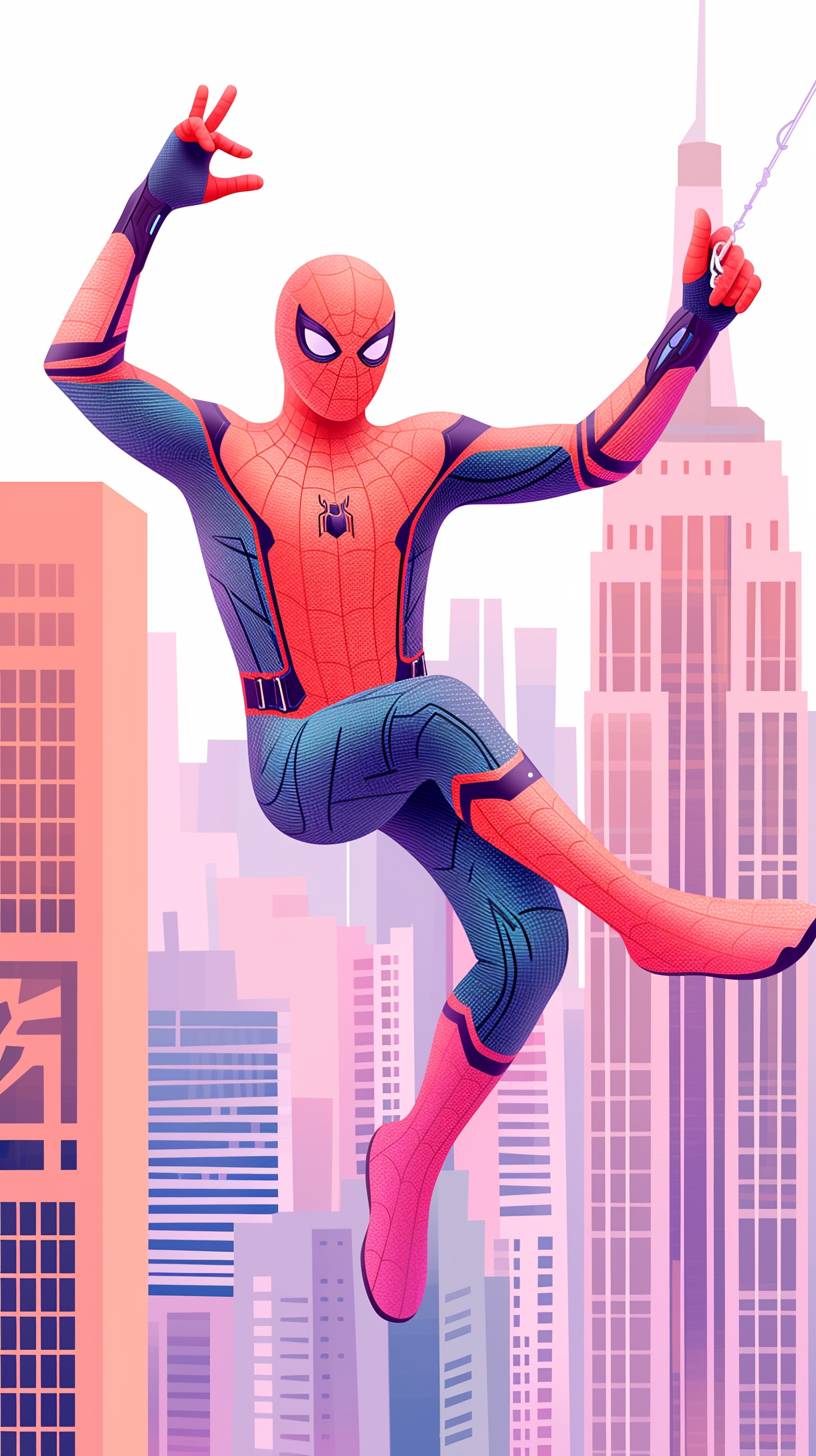 市内をスイングしているスパイダーマンの生き生きとしたイラストで、そのダイナミックで象徴的なポーズが全体像で捉えられています。背景には高いビルと晴れた空が描かれています。細部までディテールを表現した超高精細なイメージとして制作されており、キャラクターの衣装や都市環境の繊細なディテールが特徴です。現実味と質感を強調するためにデジタルアート技術を使用し、顔に焦点を当てています。このイラストはリアルなデジタルアーティストのスタイルです。