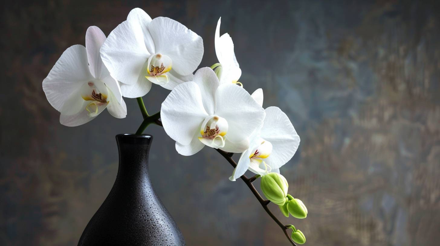 エレガントな白い蘭の花が、洗練されたモダンな花瓶に咲いています。花の繊細で彫刻のような花びらは、ミニマリストの美の研究であり、その優雅なラインと曲線が洗練された上品さを感じさせます。蘭の純白の色と花瓶の深い黒の釉薬との鮮明な対比は、シンプルさの力と控えめなエレガンスの魅力を示しています。