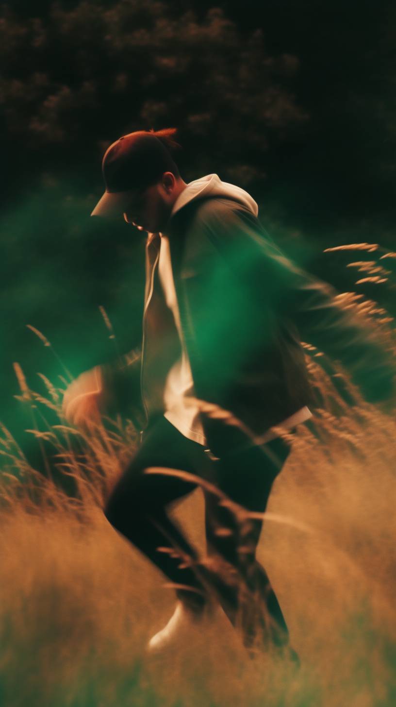 Close-up photo of a moving man in hip-hop style clothes, motion, fashion shot, abstract, minimalist, dark emerald, dark red, grass, classic colors, old photo noise