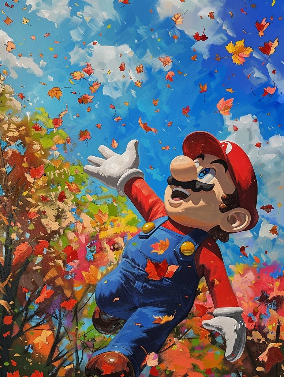 A painting, with Super Mario smiling and looking up at the sky, beautiful sky, vivid colors