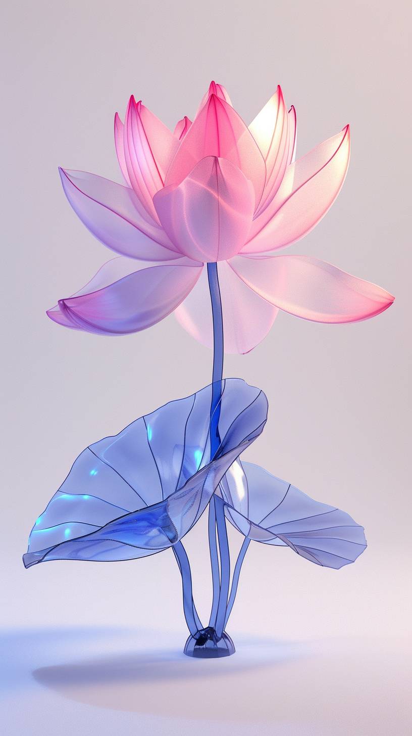A 3D single botanical tall lotus flower plant art in pink to blue saturated color on a white background, in the style of minimalist sculpture, spotlight in the center, colorful woodcarvings, piles/stacks, colorful animation stills, majismo, fluid, organic forms, full f10 aperture --ar 9:16 --v 6.0