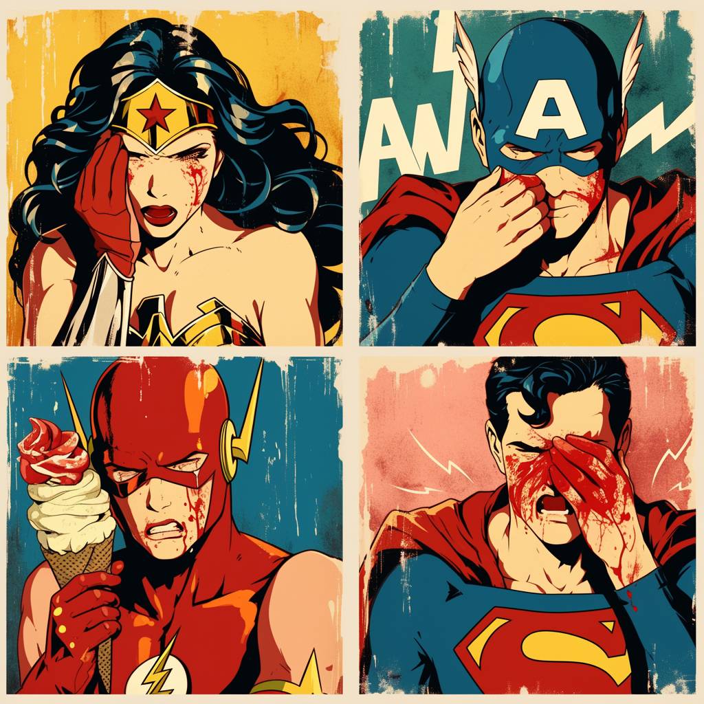 A series of four pop art posters featuring iconic superheroes in various emotional states and the text 'Awful', including Wonder Woman with her hand covering her face, Captain America's face covered in red paint splattered across his helmet, The Flash crying with an ice cream cone, Superman crying bitterly, all set against contrasting backgrounds that highlight their expressions and symbols. This composition captures different emotions while maintaining a comic book style.