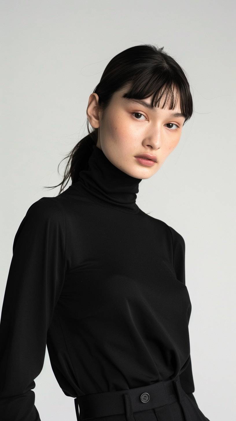 Model in a minimalist outfit consisting of a sleek black turtleneck and high-waisted trousers, positioned against a white background to contrast the simplicity and elegance of the attire.