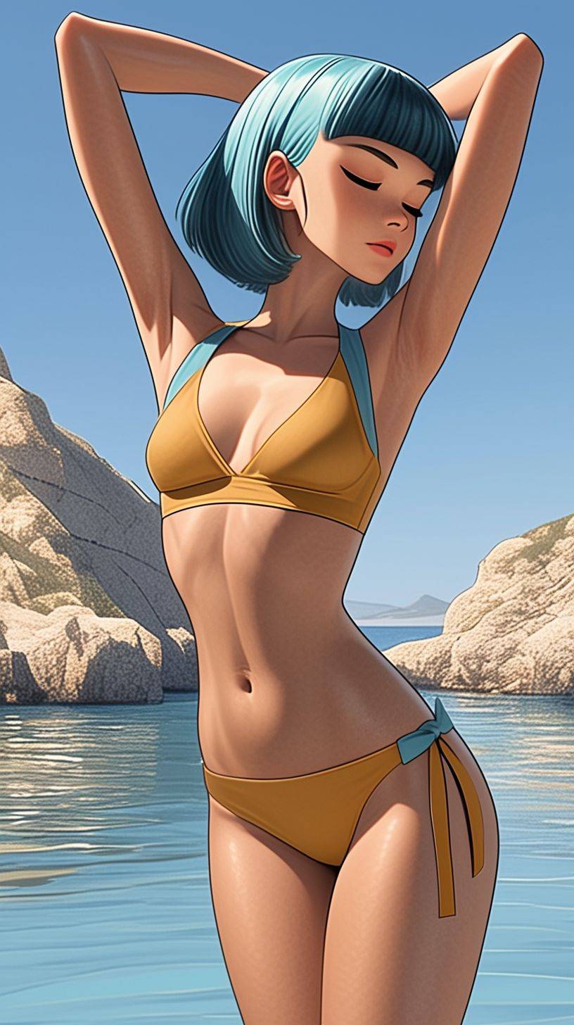 Dragon Ball Super character Bulma posing sensually, in the style of Hajime Sorayama, textured surface layers, gold and emerald, dynamic outdoor shots, realist detail, expansive skies