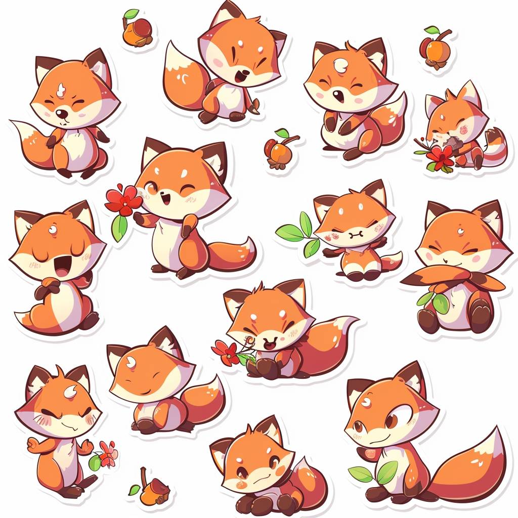 A set of red fox emoticons, flower-shaped tails, holding acorns and berries in various poses with cute expressions. Cute chibi style with a simple white background design. Sticker set, sticker sheet template