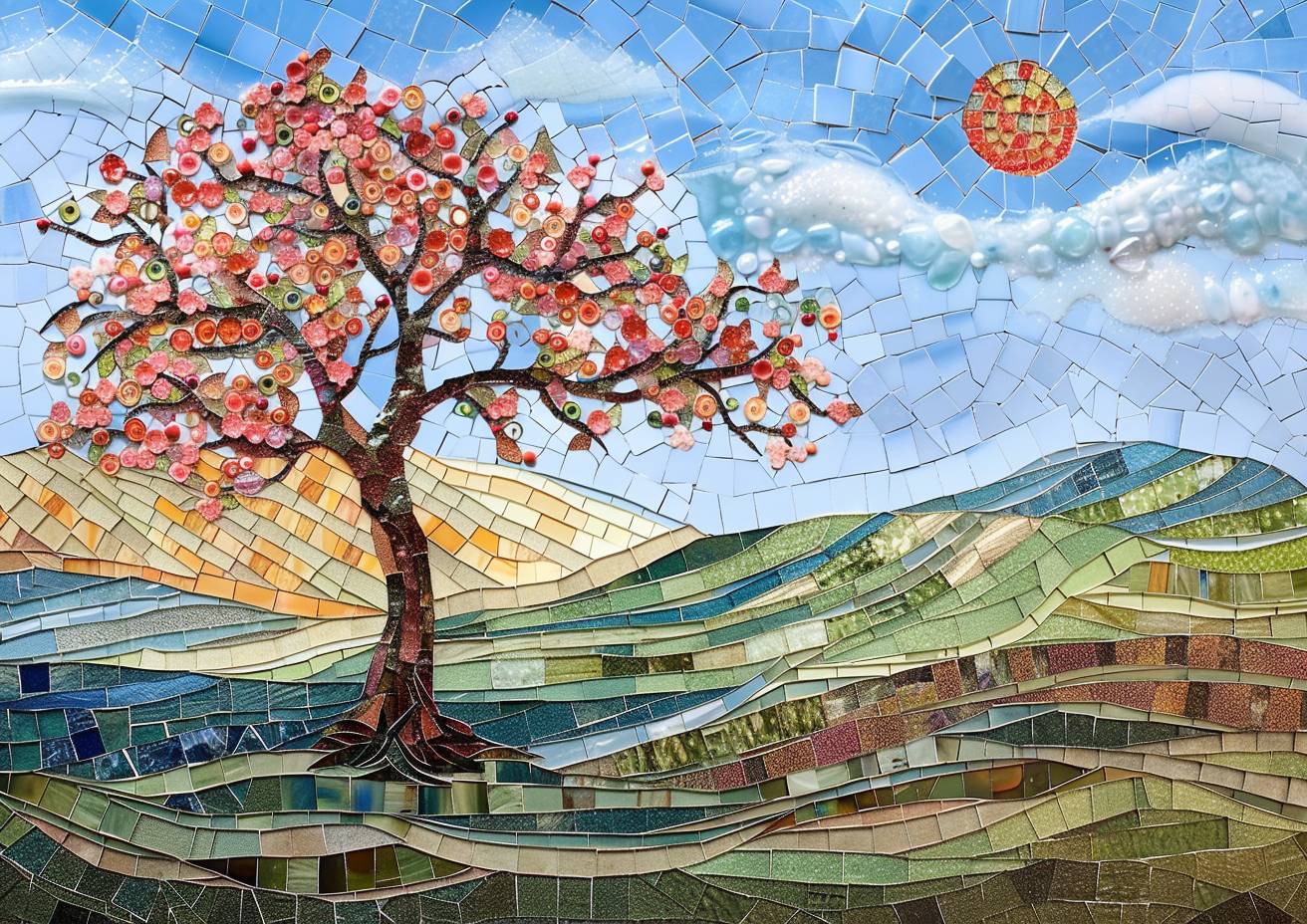 Sea glass mosaic, intricate detail, cherry tree, rolling hills, sunshine