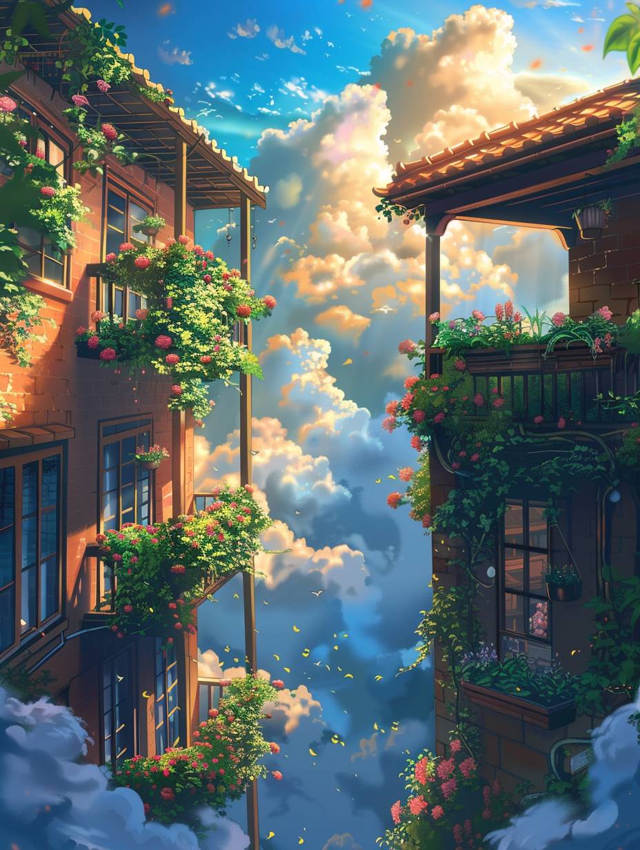 A charming depiction of a beautiful two-story courtyard with clean walls, floating on clouds. The garden is filled with vibrant flowers under a bright blue sky with white clouds and misty surroundings. The scene captures the magic of Studio Ghibli, with a focus on nature's beauty and the elegance of the courtyard. The colors are bright and the details are meticulous, creating a harmonious and serene image. Created using colored pencils, vibrant and soft colors, intricate detailing, Miyazaki's enchantment, pastoral atmosphere, hand-drawn precision, storybook quality, harmonious composition, HD quality, natural look.