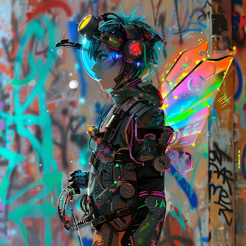 A futuristic vintage pulp art, cyberpunk-inspired character standing in a vividly colored, graffiti-covered urban environment. The character, a young individual with short, blue hair, wears a high-tech suit adorned with various wires, glowing lights, and mechanical wings. They sport a large, reflective helmet with rainbow-tinted goggles and hold a small device emitting a neon blue glow in one hand. The background is an explosion of colors, with splashes of paint and intricate graffiti art, adding to the chaotic yet captivating scene.
