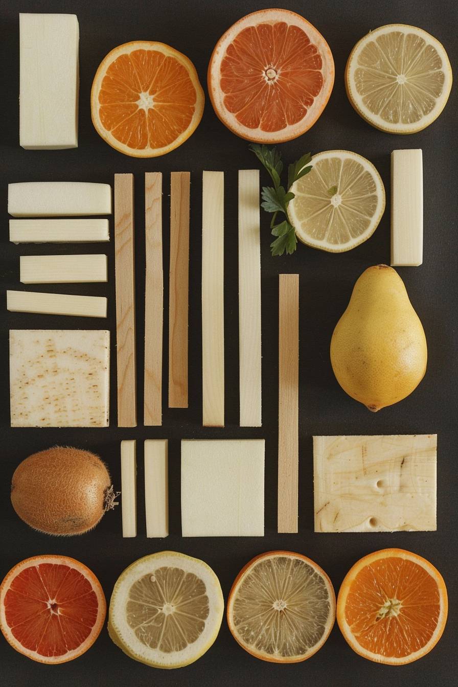 Knolling photography of fruits and vegetables.