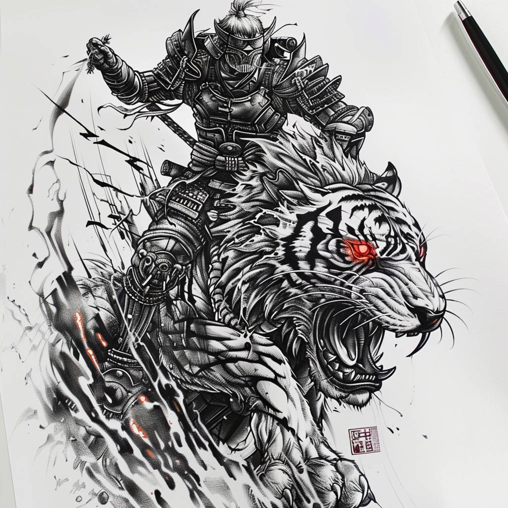 Tattoo design, cybernetic ninja in high-tech armor riding on a robotic tiger with glowing red eyes and metallic fangs, traditional cyberpunk tattoos, black ink on paper, high contrast, high details, no shadows, white background, detailed lines, fantasy artwork, white and grey, dark atmosphere, epic battle scene, war scene