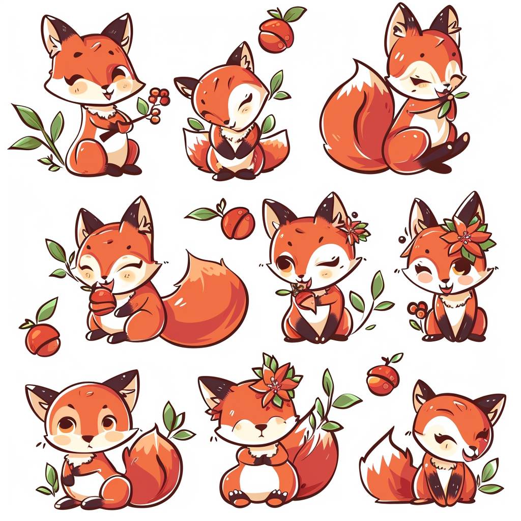 A set of red fox emoticons, flower-shaped tails, holding acorns and berries in various poses with cute expressions. Cute chibi style with a simple white background design. Sticker set, sticker sheet template