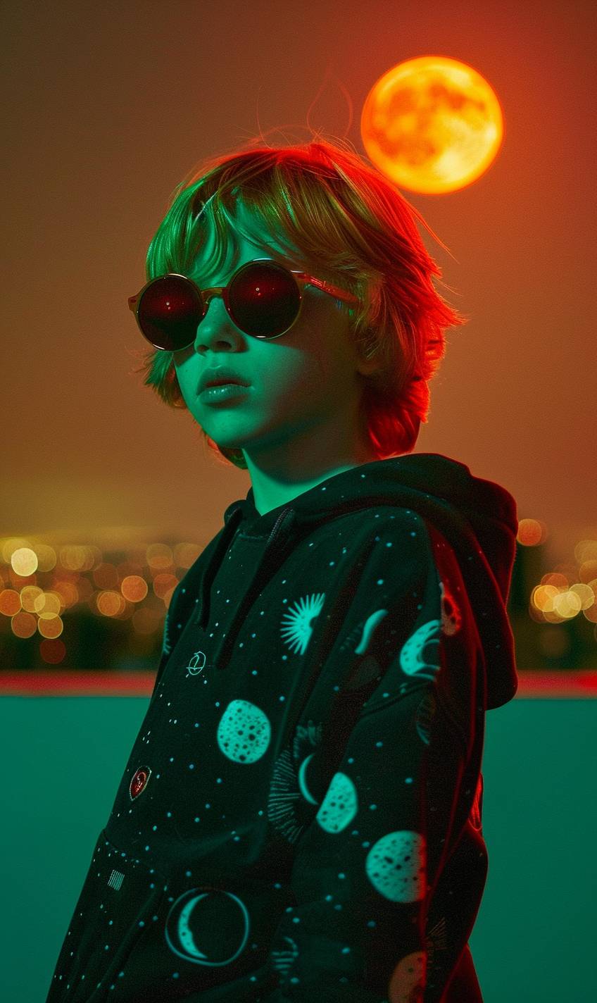 Redhead boy in sunglasses wearing black hoodie with cyan flower pattern. Photograph by Loretta Lux shot with green neon light. Night city in background. Red moon in orange sky.