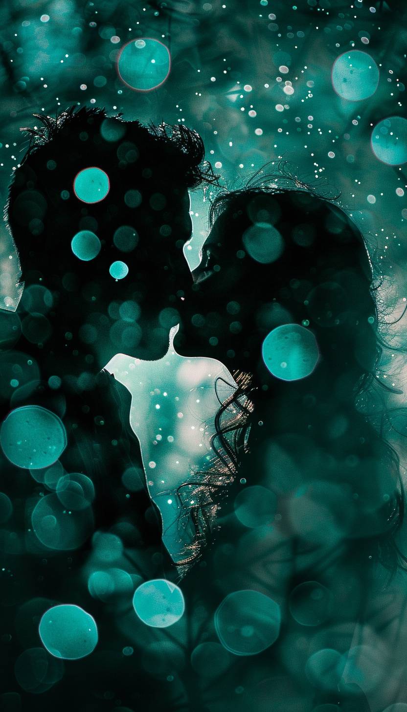 A teal iridescent image of two lovers kissing, in the style of dark romantic, close-up shots, glitter, bokeh, distressed edges, high-key lighting, clean and minimalist, studio photography
