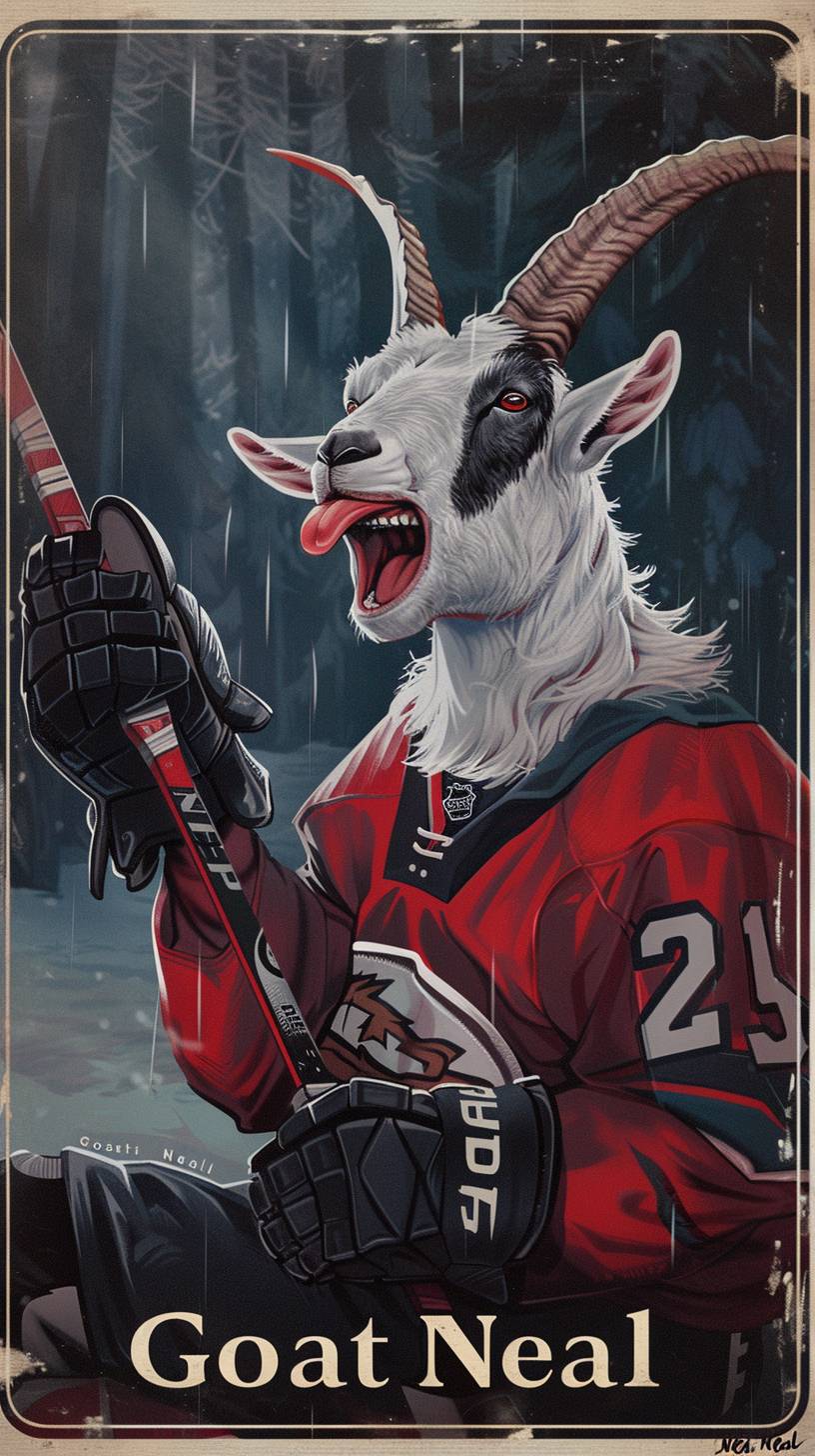 An upper deck hockey player card of a goat with his tongue sticking out in hockey gear holding a hockey stick. The nameplate at the bottom reads 'Goat Neal'