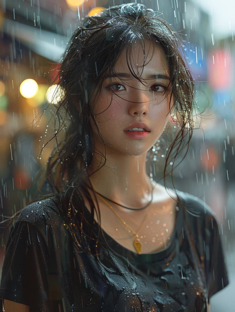 A 20-year-old beautiful Taiwanese girl, wearing a black T-shirt, walking on the rainy streets of Taipei, rich details, realistic