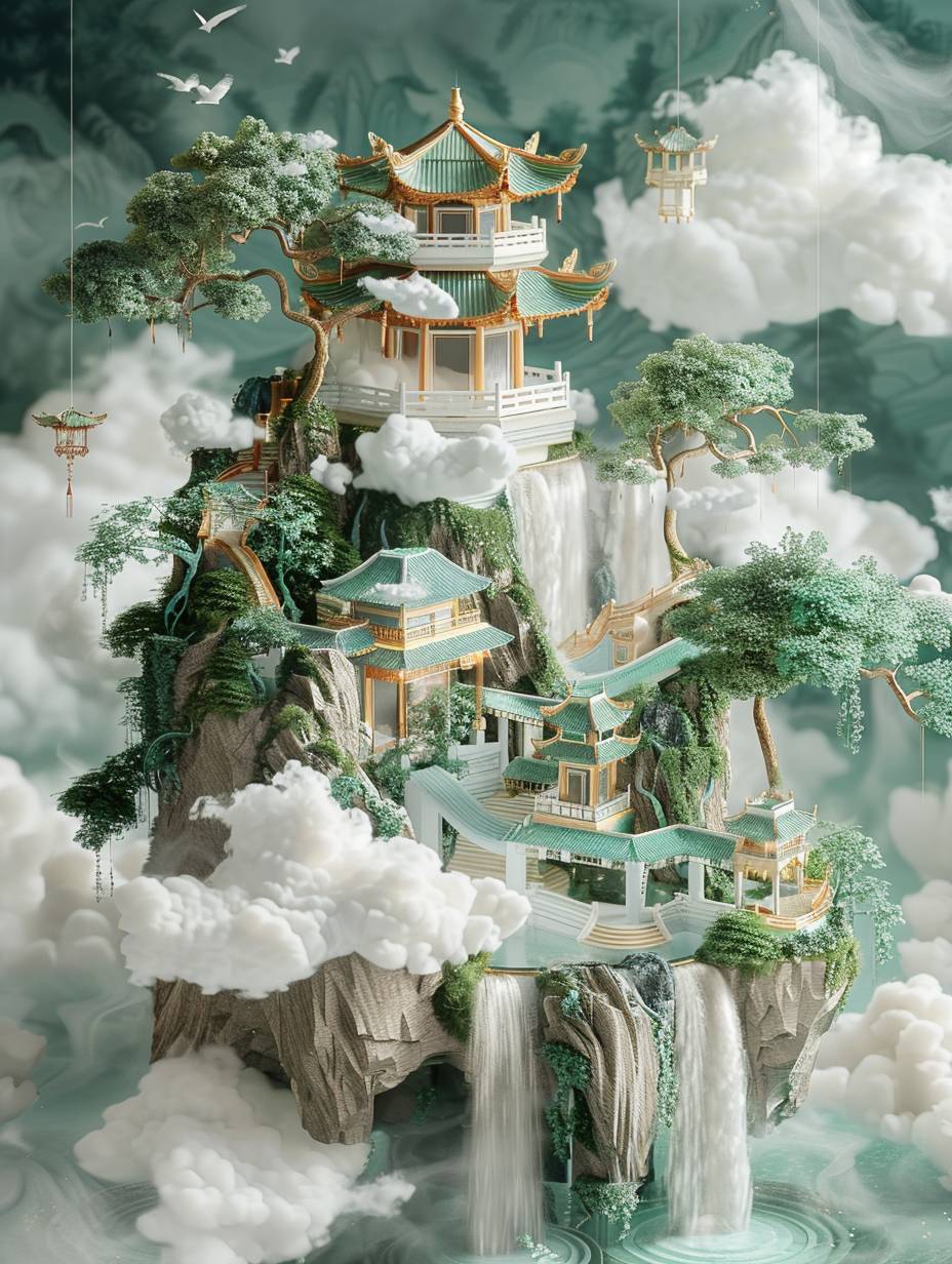 3D rendering of a floating island with architecture in the Chinese style, clouds and trees. The color scheme is mint green, white and gold. In the center there is an open space where you can see another small world inside. This world has waterfalls and bridges made from vines hanging between them. It creates a surreal atmosphere that emphasizes its ethereal beauty.