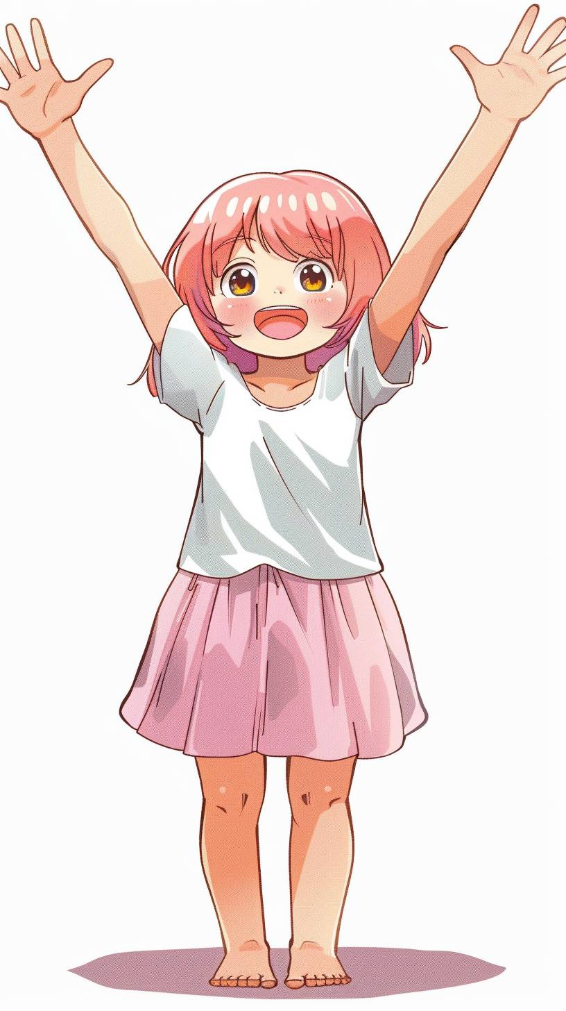 The pretty girl is 3 years old, with short pink hair, brown eyes, standing with both arms raised, a full-body picture, white background, cartoon style