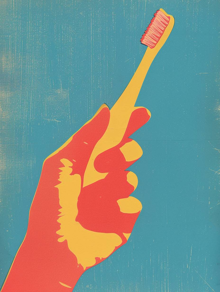 A fauvist-style, simple minimalistic, funny retro risograph of a kid's hand holding a toothbrush, 1960s ad with text, neutral colours