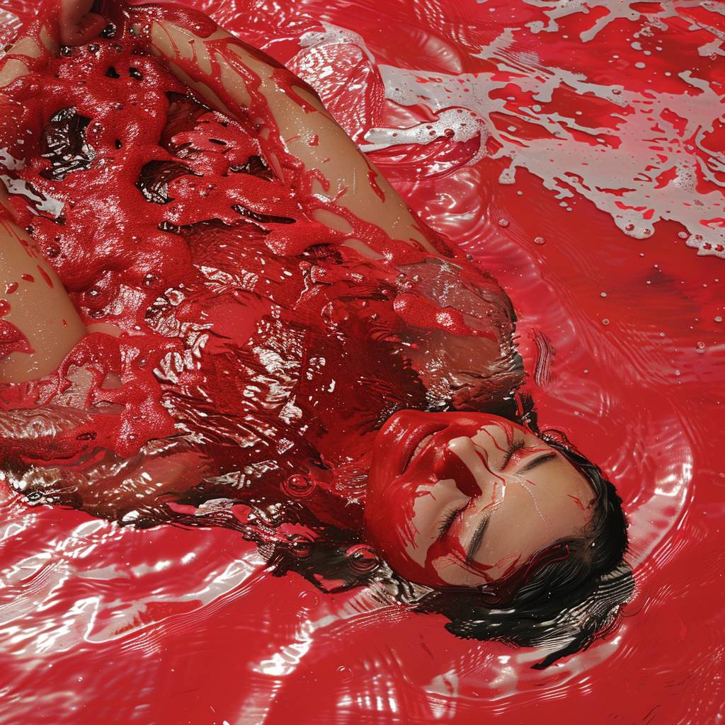 Shot from the top, a party costume woman in water with her face covered by melted red ice, in the style of Jennifer Rubell, experimental filmmaking, Louise Bourgeois, aerial abstractions, Dusan Djukaric, blink-and-you-miss-it detail, realistic –ar 16:9 --v 6.0
