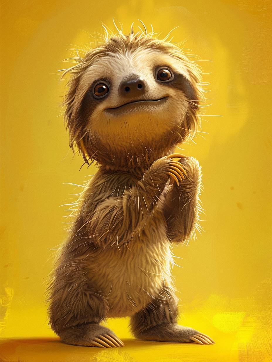 Baby sloth looking up, backside, full body standing on the floor, yellow background, 2D cartoons, Pixar style